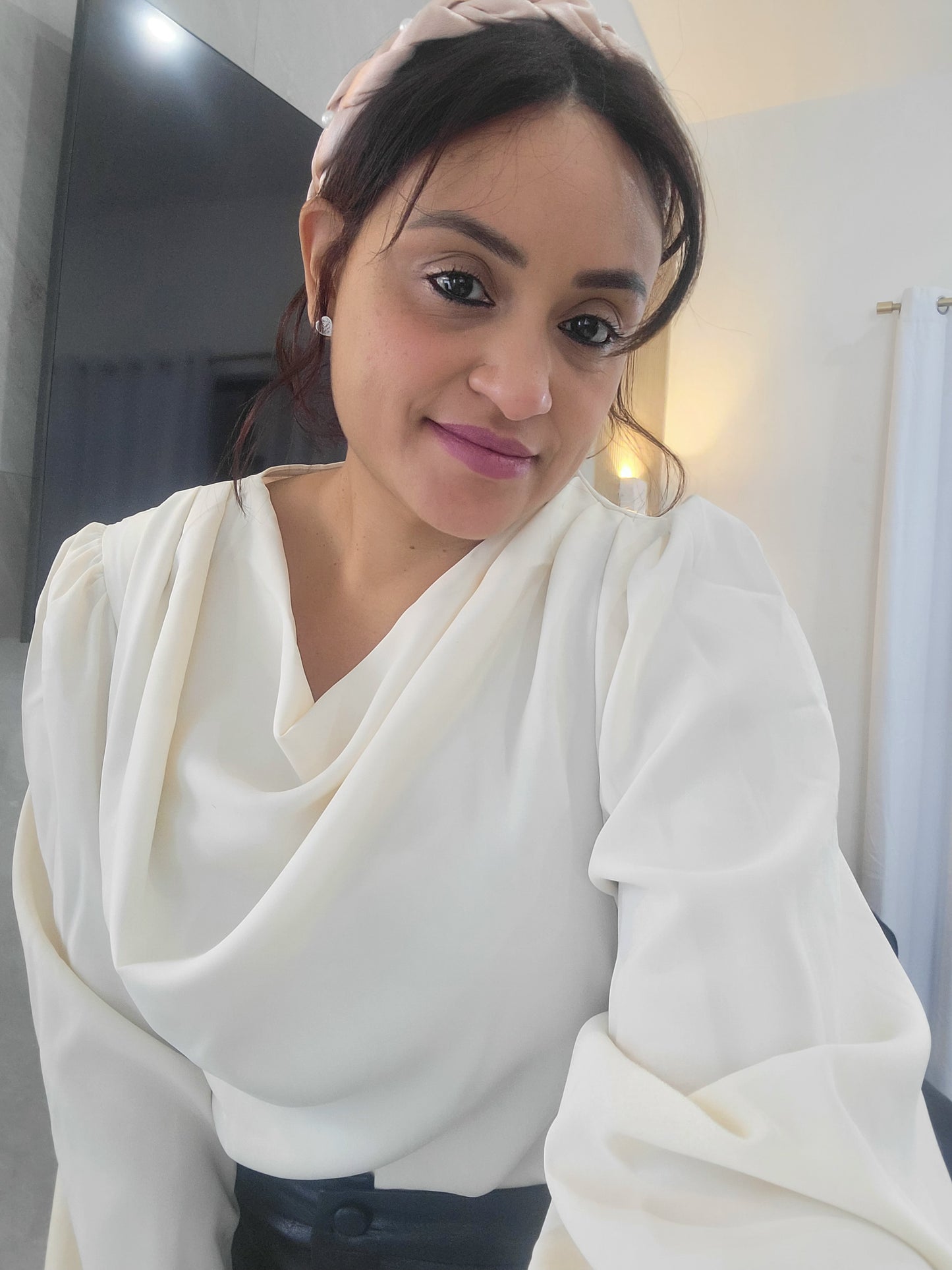 Beige Satin Long Sleeve Blouse