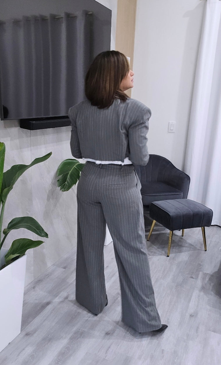 White Stripes Crop Blazer Set