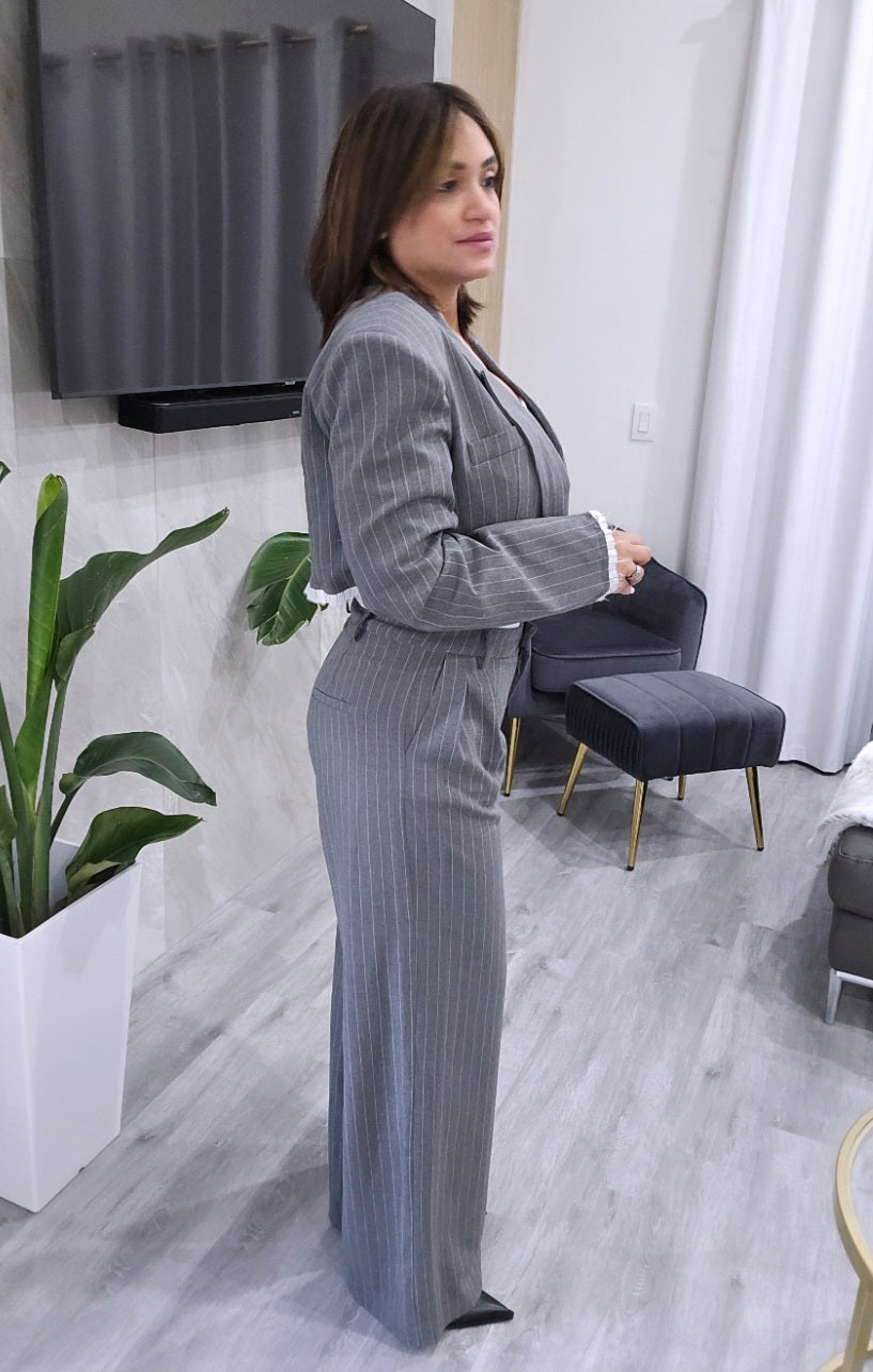 White Stripes Crop Blazer Set