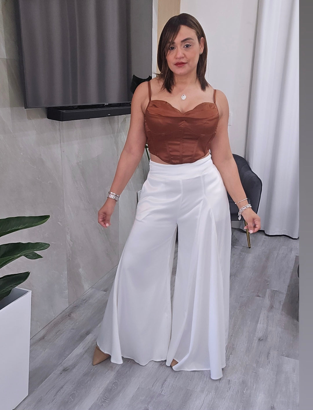 Satin Palazzo White Pants