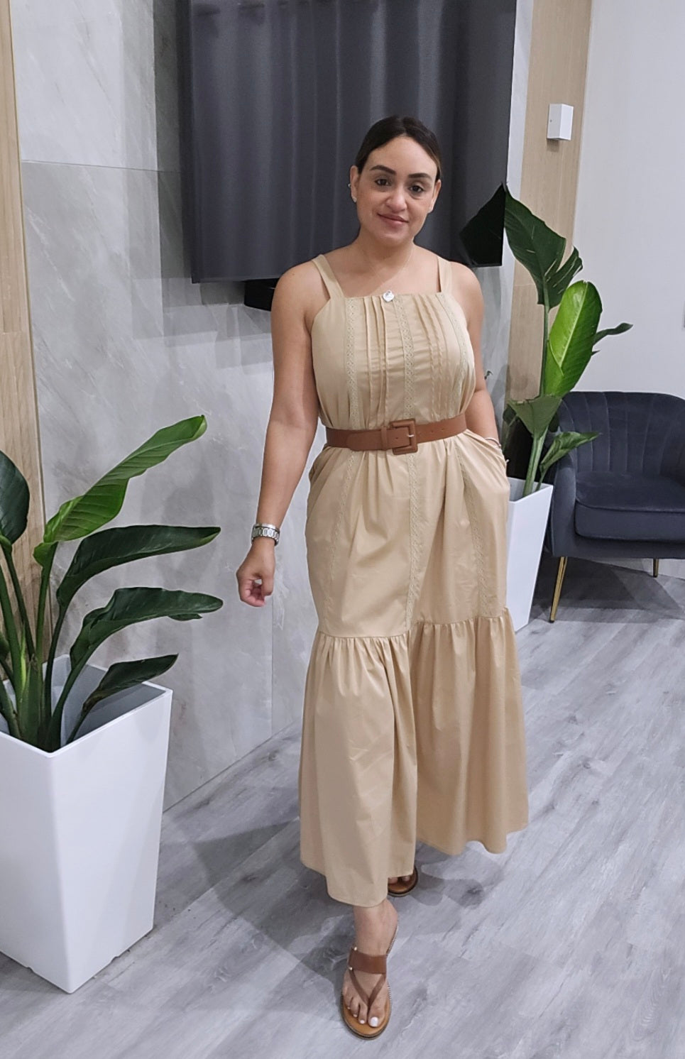 Camel Open Back Maxi Dress