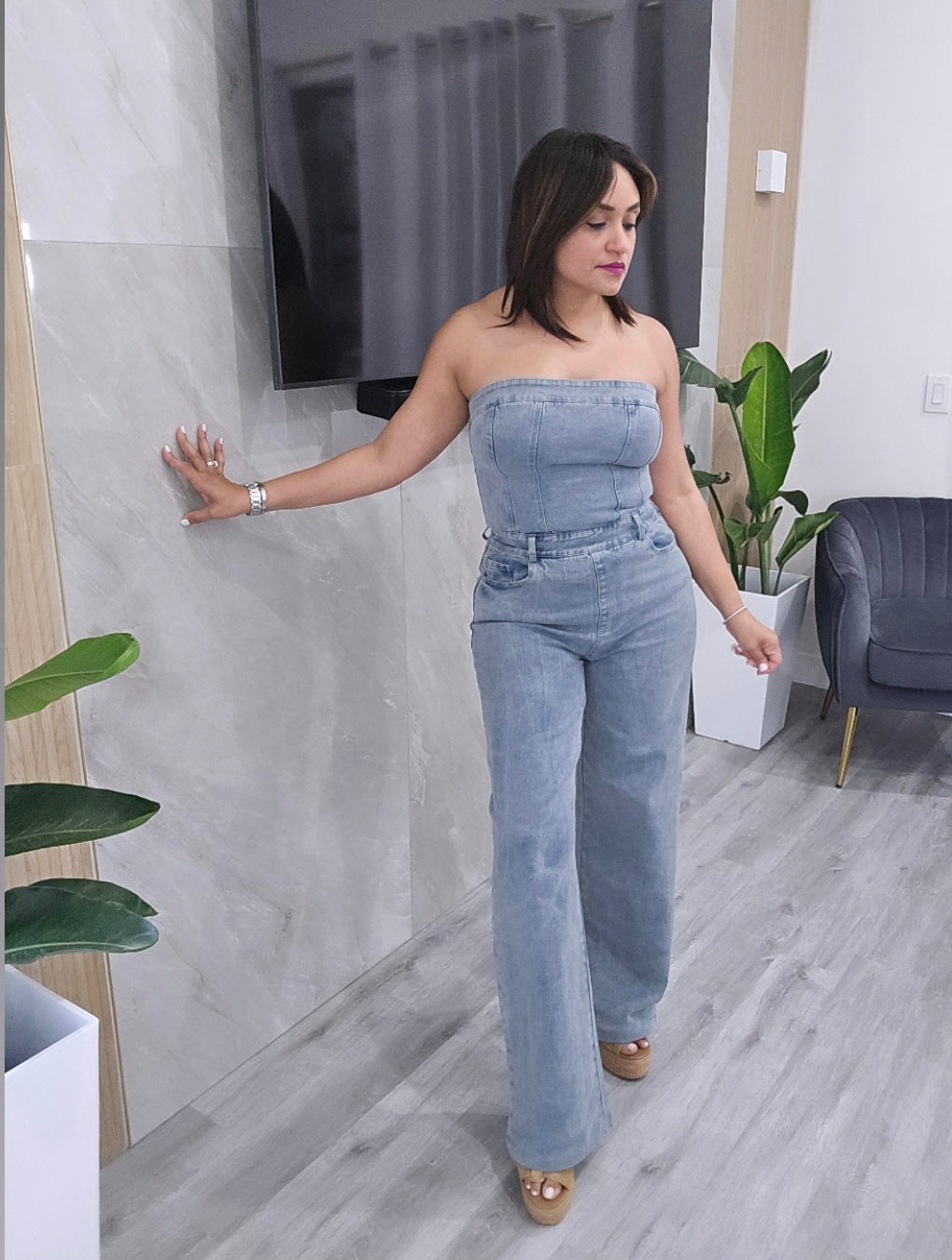 Denim Strapless Jumpsuit