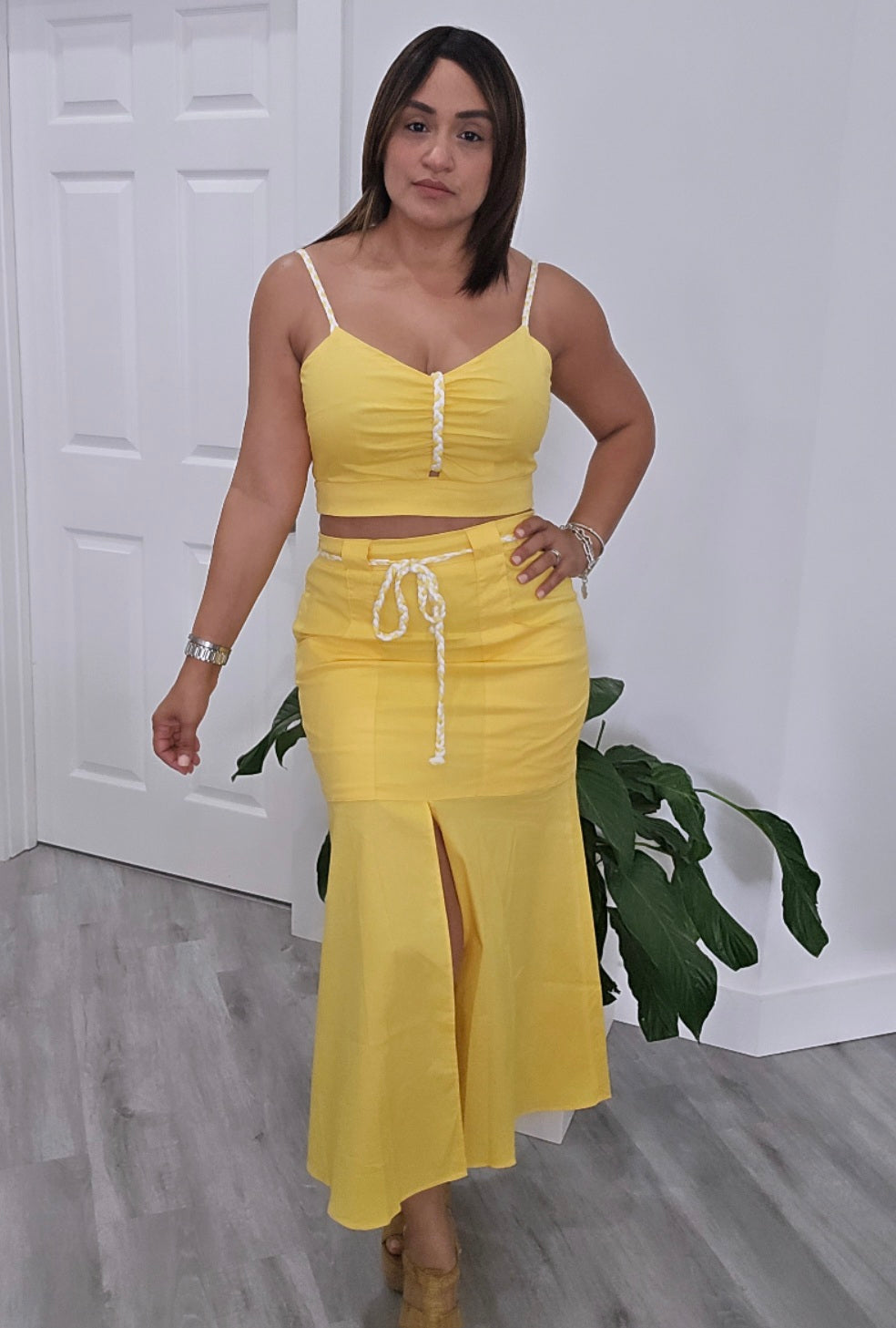 Yellow White Midi Skirt Set