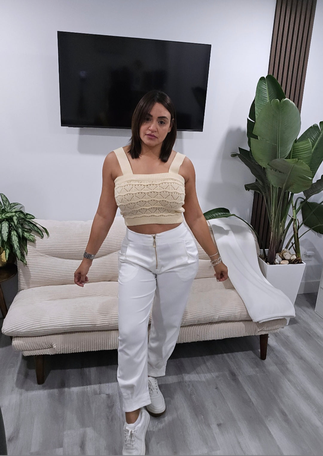 White Front Zipper Jogger Pants
