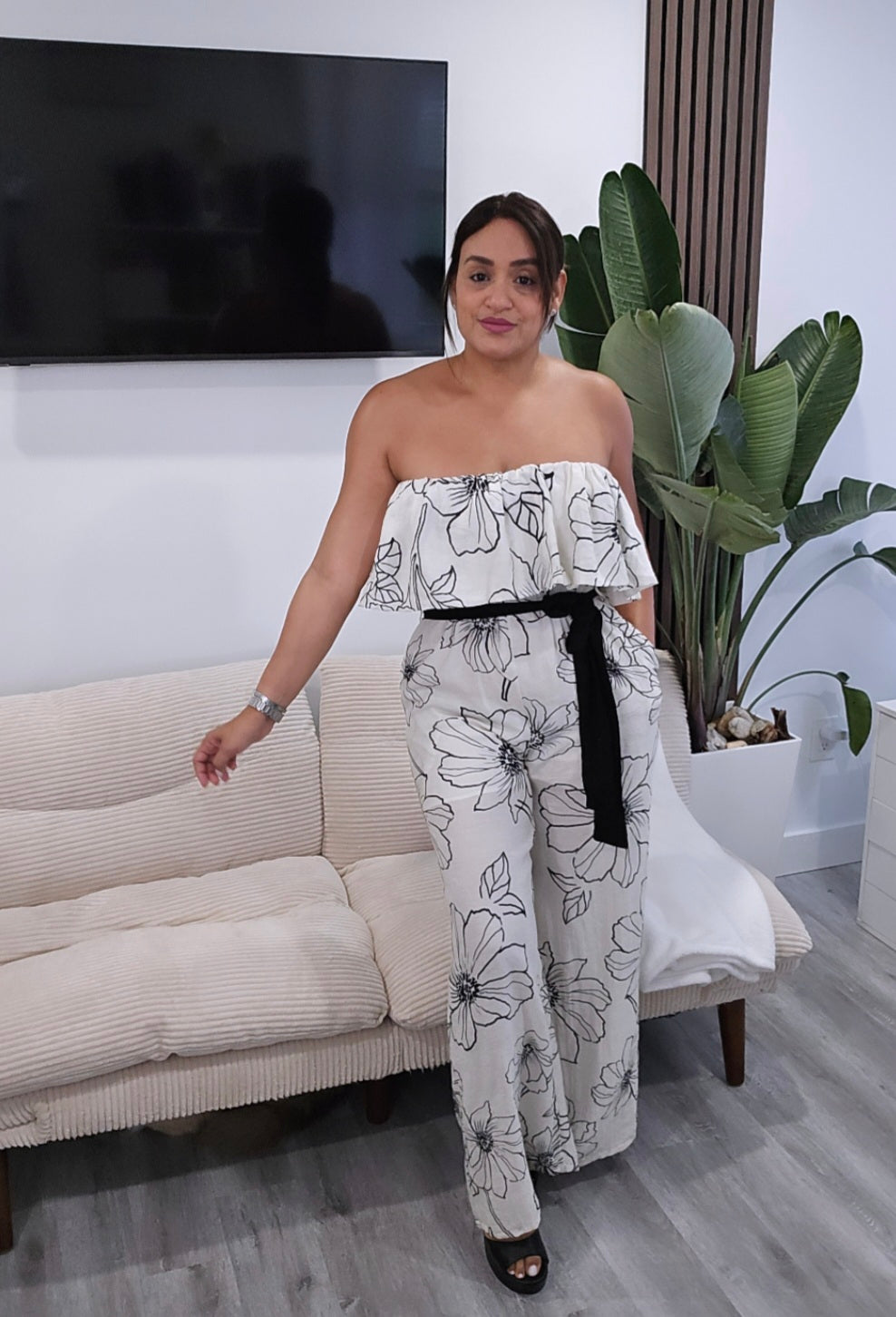 Flower Detail Black & White Jumpsuit