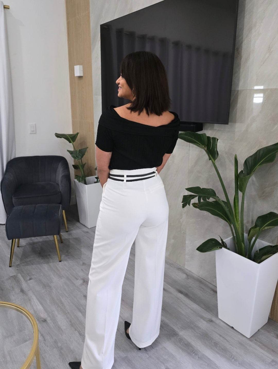 Double Belt White Trousers Pants