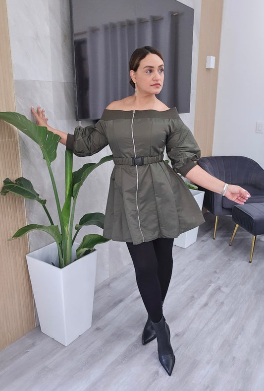Off Shoulder Olive Belt Dress