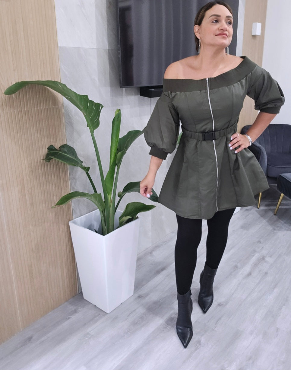 Off Shoulder Olive Belt Dress