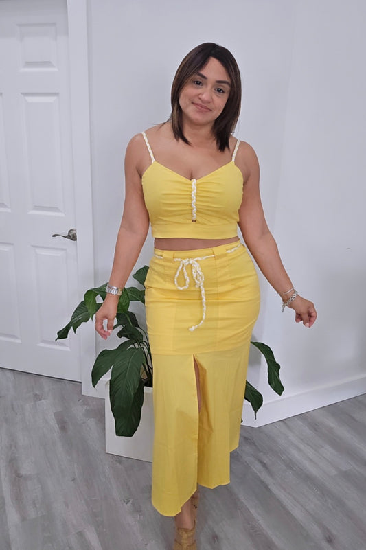 Yellow White Midi Skirt Set