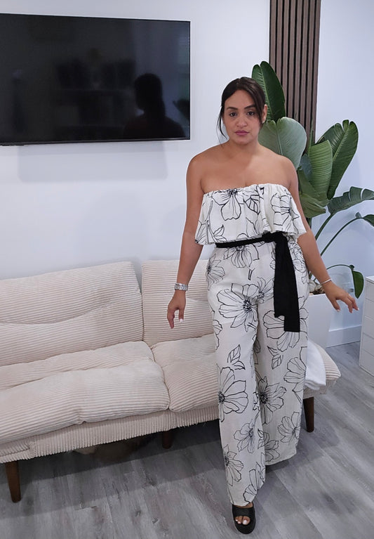 Flower Detail Black & White Jumpsuit