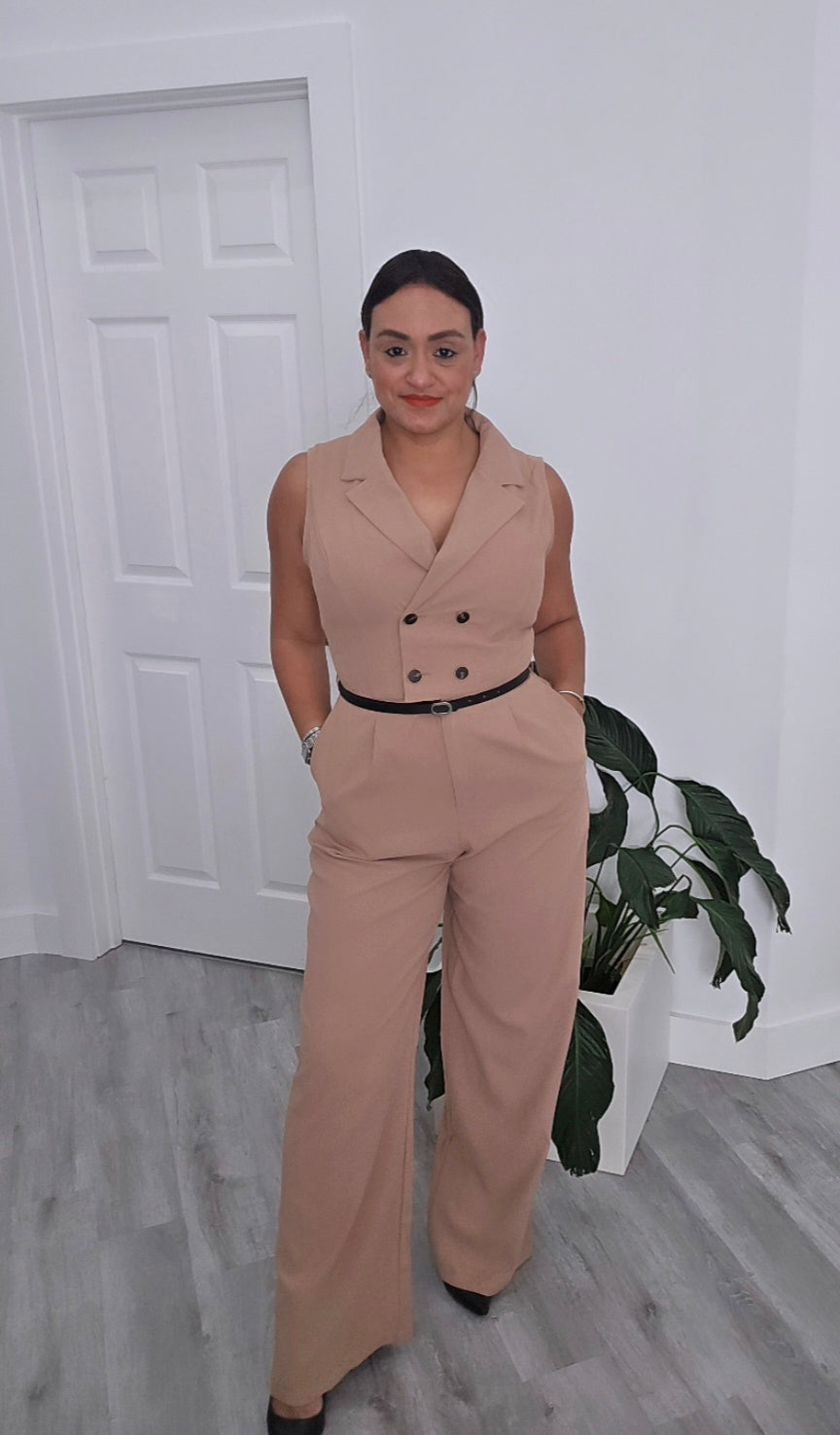 Beige Belt Vest Jumpsuit