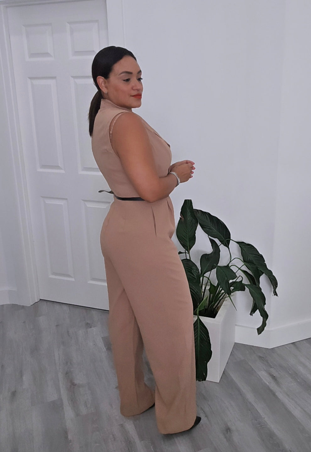 Beige Belt Vest Jumpsuit