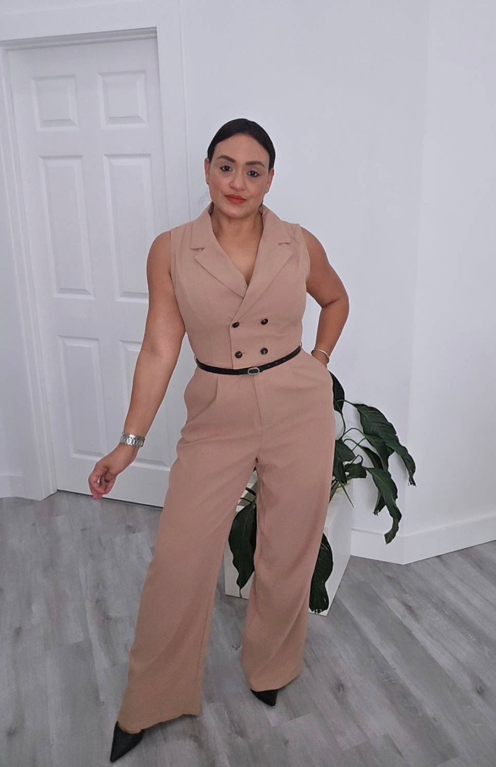 Beige Belt Vest Jumpsuit