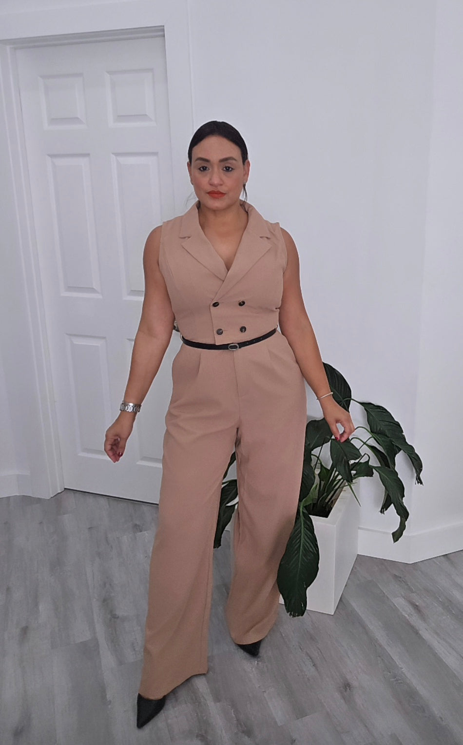 Beige Belt Vest Jumpsuit