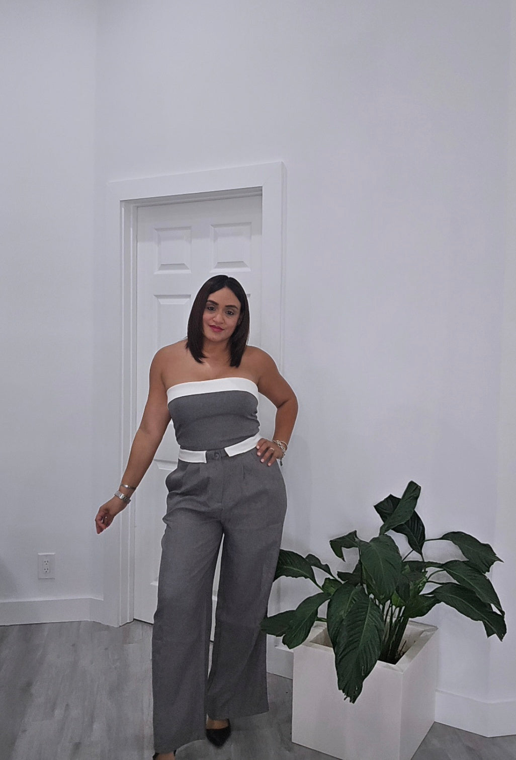 Grey & White Crop Pants Set