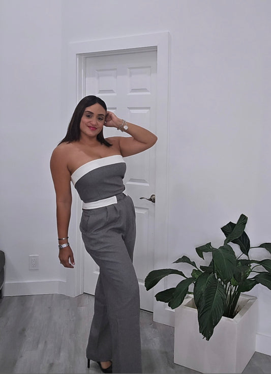Grey & White Crop Pants Set