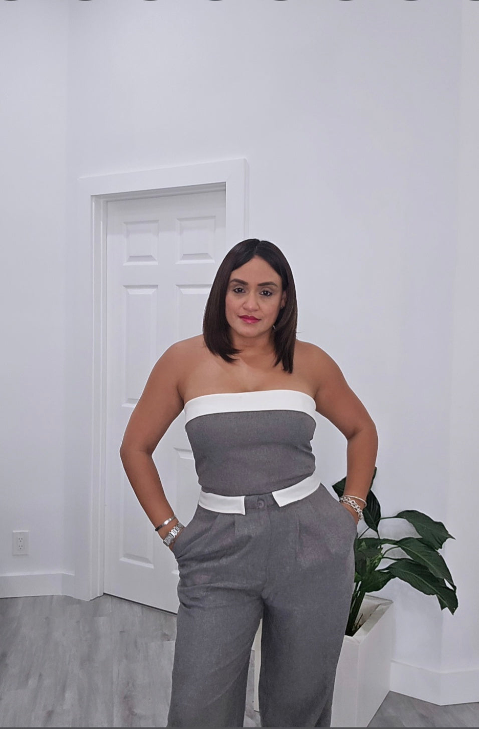 Grey & White Crop Pants Set