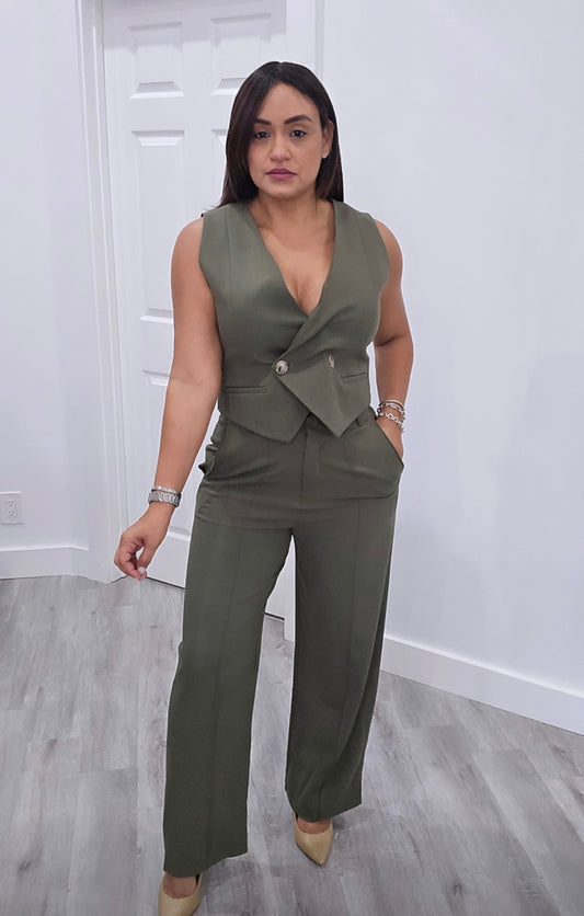 Olive Green Vest Pants Set