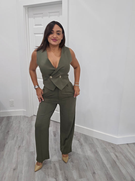 Olive Green Vest Pants Set